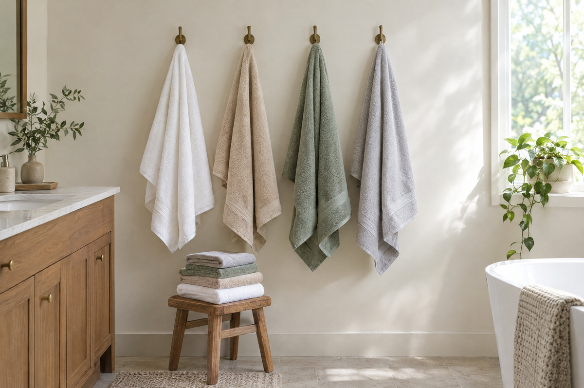Quatre serviettes de bain de couleurs différentes suspendues à des patères dans une salle de bain Image