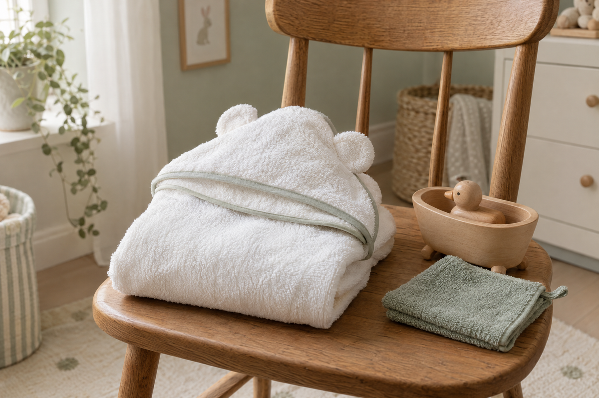 Cape de bain bébé blanche à capuche pliée sur une chaise en bois, avec un gant vert Image