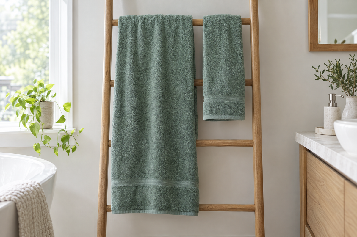 Drap de bain et serviette de bain vert eucalyptus suspendus côte à côte sur une échelle en bois