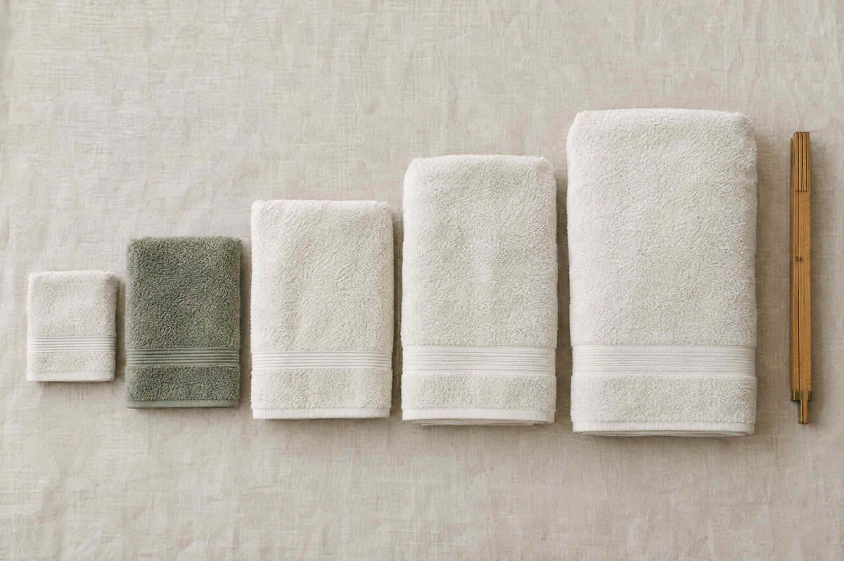 Serviettes pliées alignées du gant au drap de bain sur un fond de lin, avec un mètre pliant Image