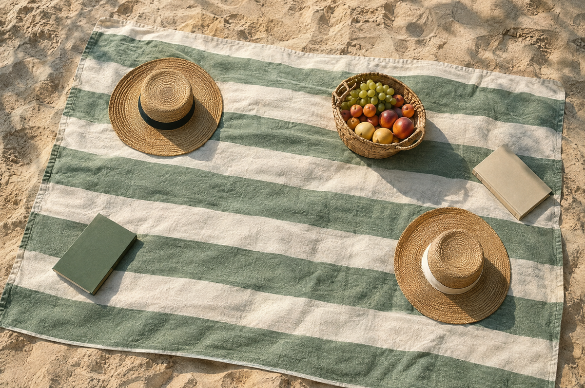 Grande serviette de plage rayée vert et écru sur le sable avec deux chapeaux de paille Image
