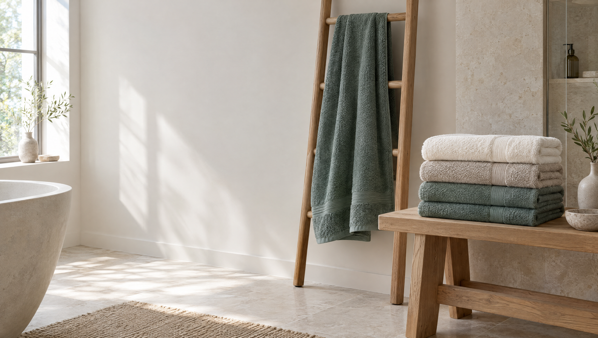 Serviettes de bain en coton écru, beige et vert eucalyptus pliées sur un banc en chêne, drap de bain sur une échelle