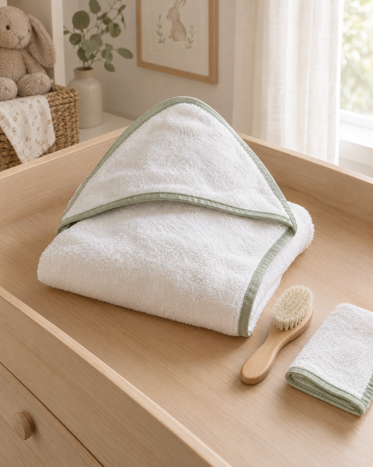 Cape de bain bébé blanche à capuche avec liseré vert, pliée sur une table à langer Image