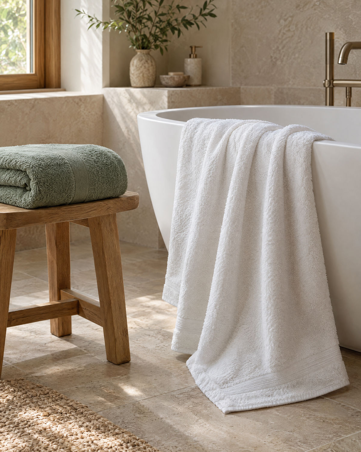 Drap de bain blanc en éponge de coton posé sur le bord d'une baignoire Image