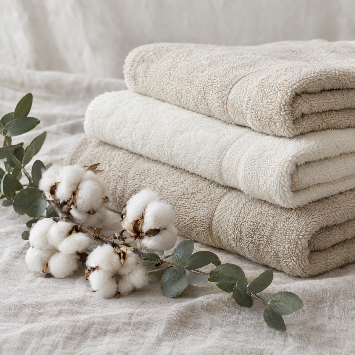 Serviettes en coton bio écru et naturel près de fleurs de coton et d'eucalyptus