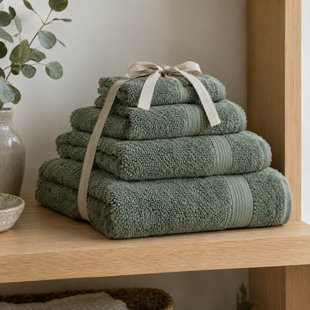 Lot de serviettes assorties vert eucalyptus, du drap de bain au gant, noué d'un ruban