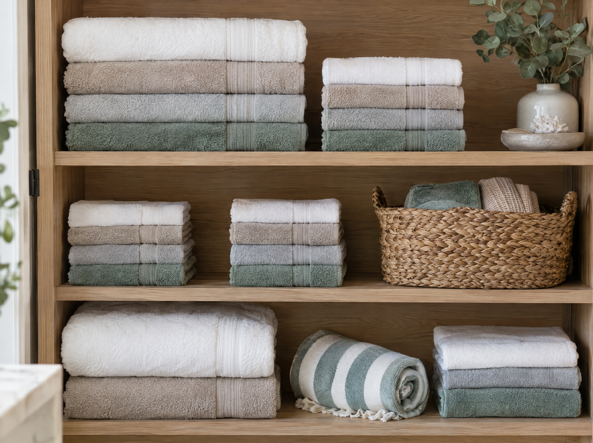 Étagère de salle de bain garnie de serviettes pliées de toutes tailles et couleurs Image